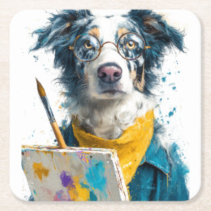 Artistic Dog Painter Portrait Square Paper Coaster