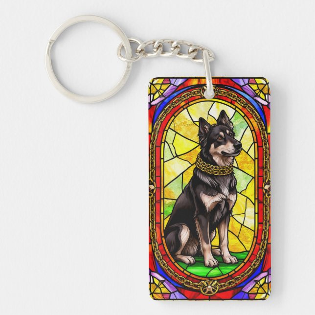 Artistic Dog Stained Glass Portrait Key Ring (Front)