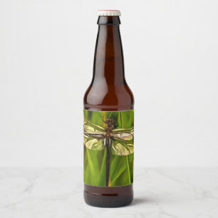 Artistic Dragonfly In Brown And Yellow On Green Beer Bottle Label