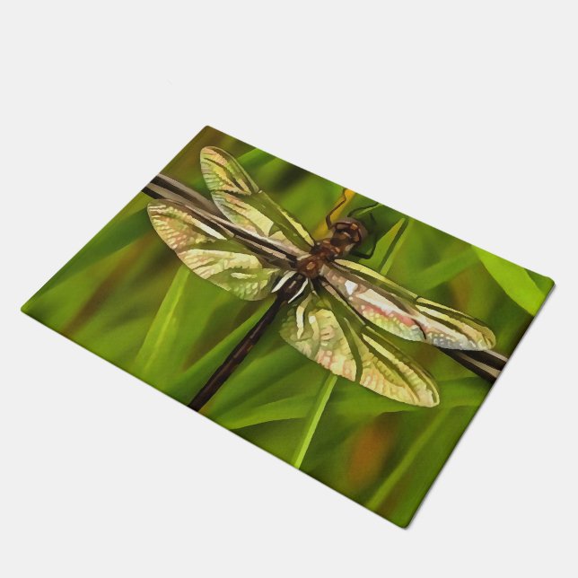 Artistic Dragonfly In Brown And Yellow On Green Doormat (Angled)