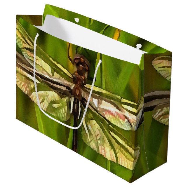Artistic Dragonfly In Brown And Yellow On Green Large Gift Bag (Front Angled)