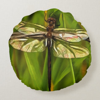 Artistic Dragonfly In Brown And Yellow On Green Round Cushion