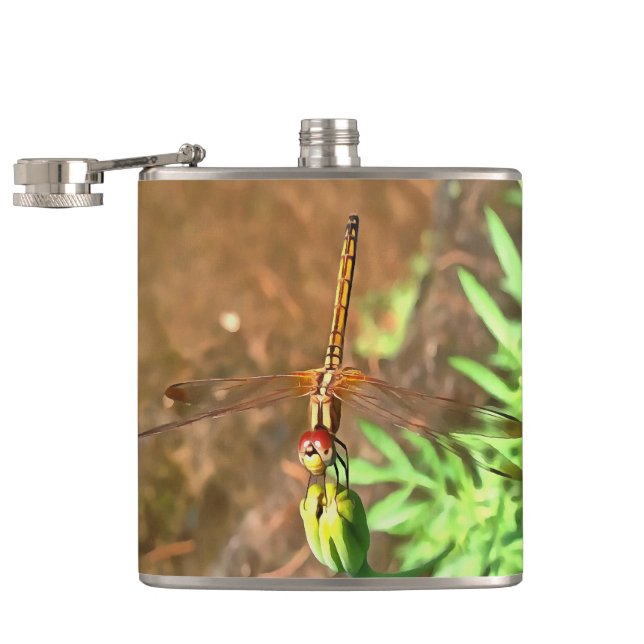 Artistic Dragonfly Resting On A Flower Head Hip Flask (Opened)