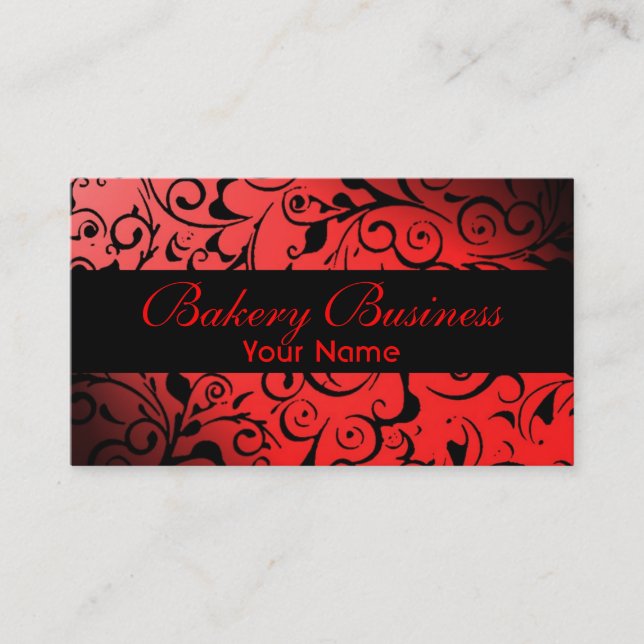 Artistic fade red damask bakery cards (Front)