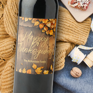 Artistic Fall Leaves on Rustic Wood Thanksgiving Wine Label