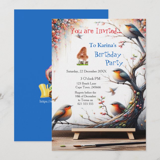 Artistic Fantasy, Bird Drawings in Colour Invitation (Front/Back)