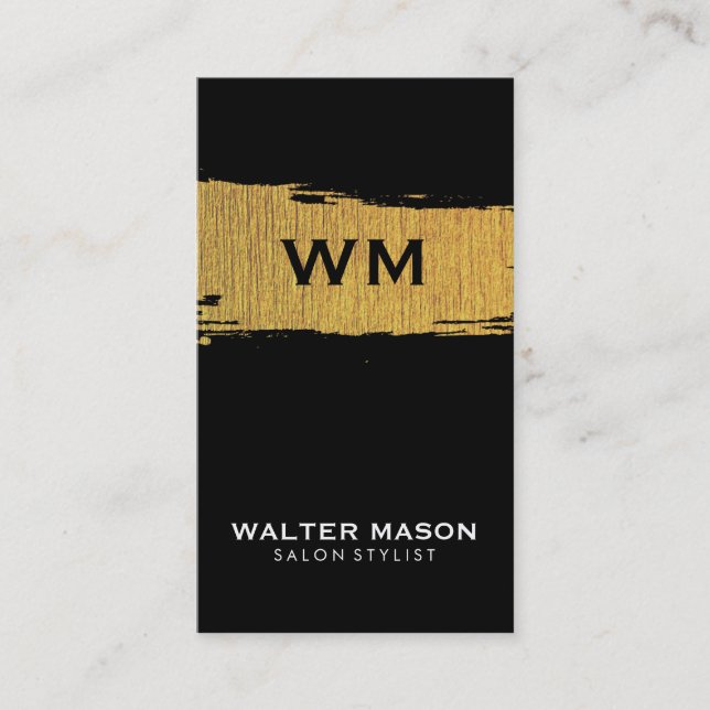 Artistic Faux Gold Brushed Texture Black Business Card (Front)
