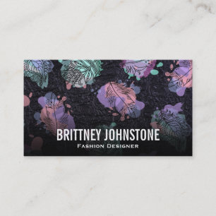 Artistic Feathers   Black Leather Background Business Card