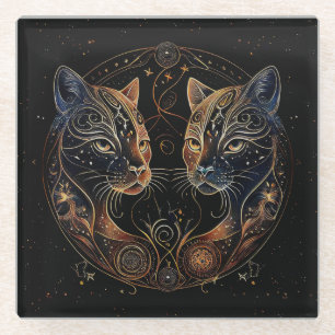 Artistic Feline Circle Twin Cats Glass Coaster