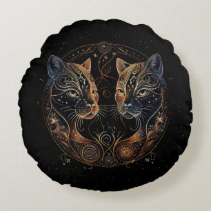 Artistic Feline Circle Twin Cats Round Cushion