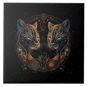 Artistic Feline Circle Twin Cats Tile
