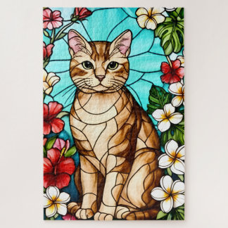 Artistic Feline Portrait Amid Tropical Flowers Jigsaw Puzzle