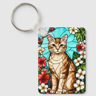 Artistic Feline Portrait Amid Tropical Flowers Key Ring