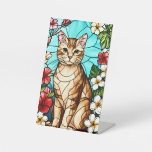 Artistic Feline Portrait Amid Tropical Flowers Pedestal Sign