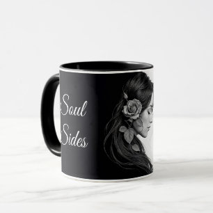 Artistic female profile with rose in monochrome mug