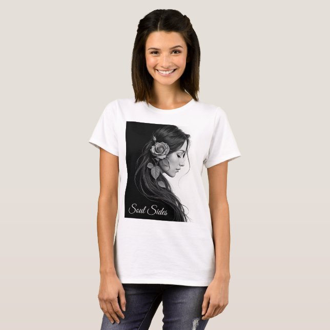 Artistic female profile with rose in monochrome T-Shirt (Front Full)