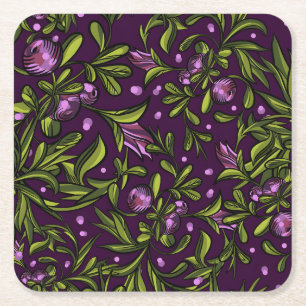 Artistic Floral Motif: Purple Flowers Square Paper Coaster