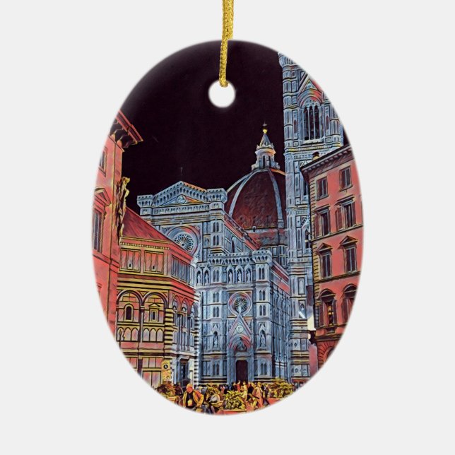 Artistic Florence Italy Street Scene with Duomo Ceramic Tree Decoration (Front)