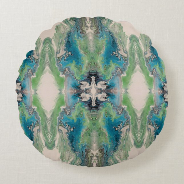 Artistic Fluid Abstract in Aqua & Green Round Cushion (Front)
