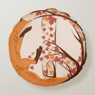 Artistic Fox Peace Sign Autumn Leaves Tree Poster Round Cushion