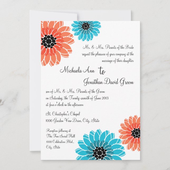 Artistic Garden Coral and Blue Wedding Invitation (Front)
