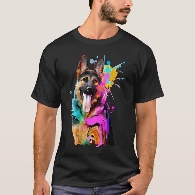 Artistic German Shepherd with Paint Splashes T-Shirt (Front)