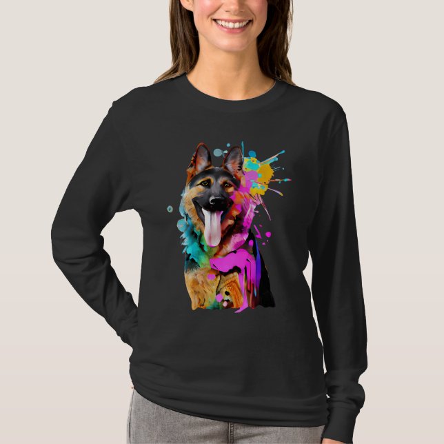 Artistic German Shepherd with Paint Splashes T-Shirt (Front)