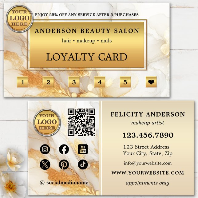 Artistic Gold Chic Loyalty Business Card (Loyalty business card featuring your own logo on an elegant artistic gold design - beauty salon )