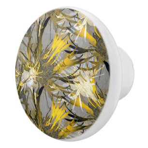 Artistic Gray Black & Gold Abstract Floral Ceramic Knob