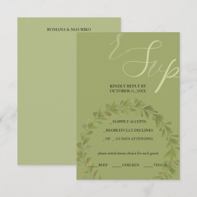 Artistic Green Watercolor Wreath Hand-painted RSVP Card (Front/Back)