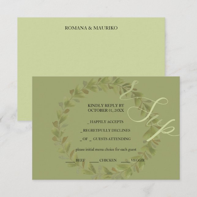 Artistic Green Watercolor Wreath Hand-painted RSVP Card (Front/Back)
