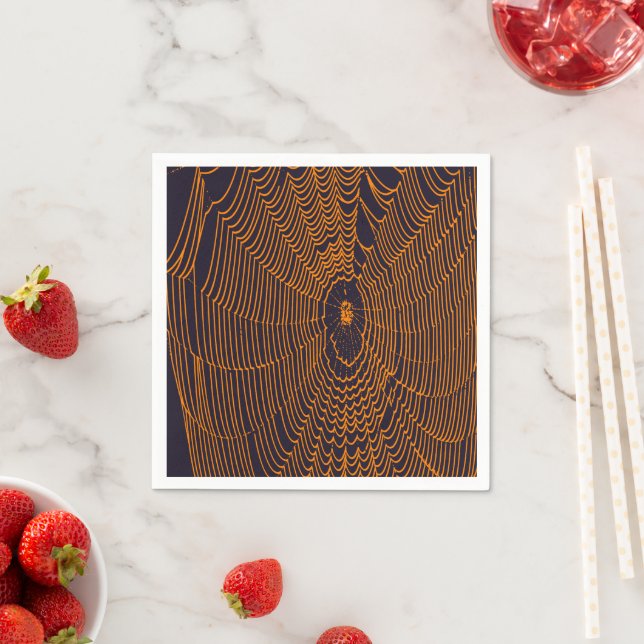 Artistic Halloween Spider Cobweb Doodle Orange Napkin (Insitu)