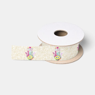 Artistic Hand Drawn Hamsa Hand an Floral Drawings Satin Ribbon