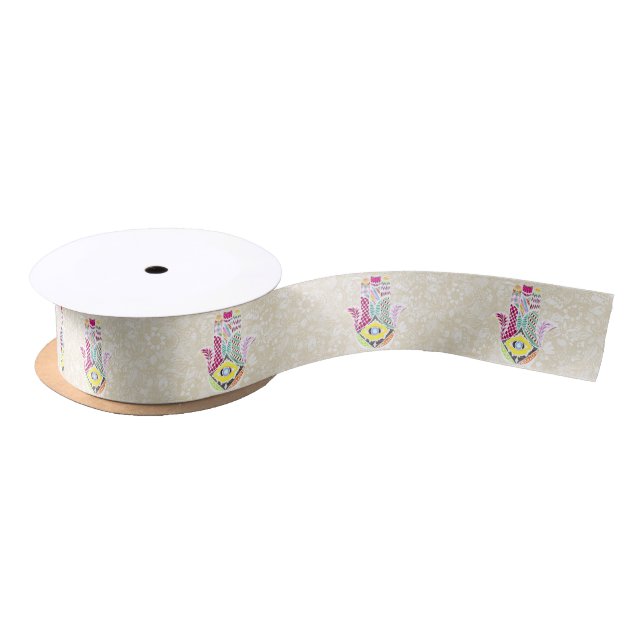 Artistic Hand Drawn Hamsa Hand an Floral Drawings Satin Ribbon (Spool)