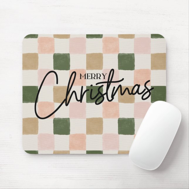 Artistic hand painted chequered Merry Christmas Mouse Pad (With Mouse)