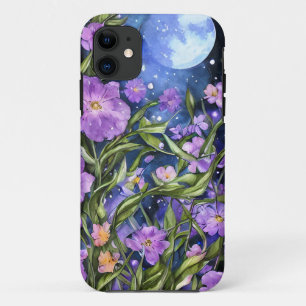 Artistic hand painted night garden full moon Blue Case-Mate iPhone Case