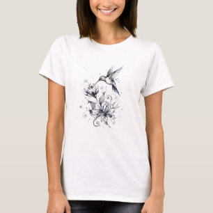 Artistic Hummingbird Ink Sketch - Abstract Floral T-Shirt