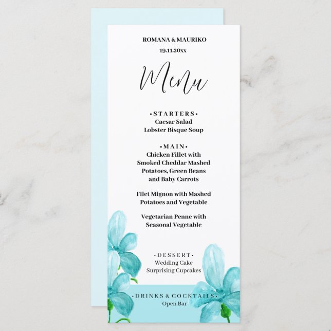 Artistic Iris Blue Floral Watercolor Hand-painted Menu (Front/Back)