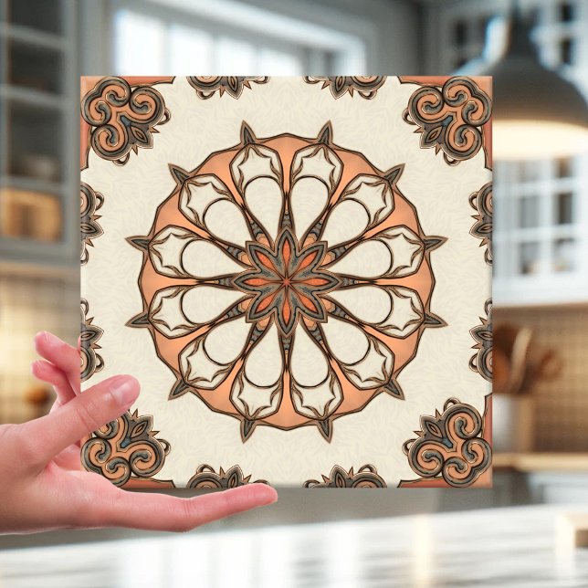 Artistic Italian Style Geometric Ceramic Tile (Tile featuring an abstract floral geometric pattern inspired by Italian Mediterranean art )