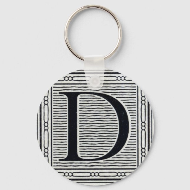 Artistic Letter "D" Woodcut Woodblock Initial Key Ring (Front)