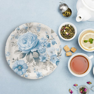 Artistic Light Pastel Blue Roses Paper Plate