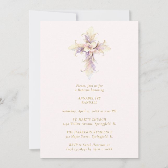 Artistic Lilac Floral Christian Cross Baptism Invitation (Front)