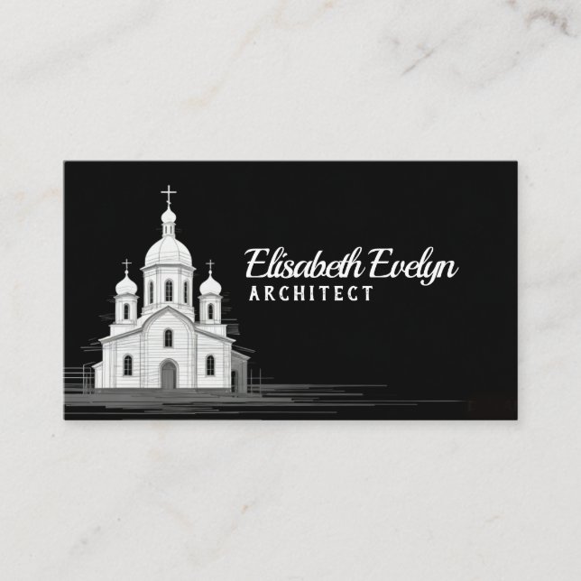 Artistic Line Art Church on Black Business Card (Front)