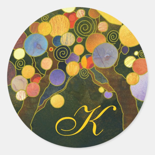 Artistic Love Trees Wedding Favour Monogram Classic Round Sticker (Front)