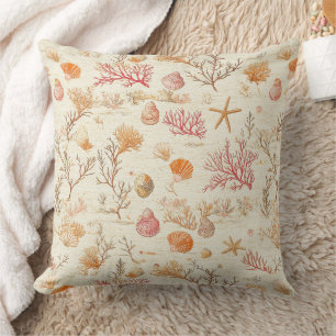 Artistic Marine Coral Seashell Terracotta Ivory Cushion