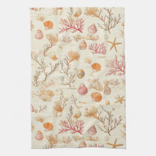 Artistic Marine Coral Seashell Terracotta Ivory Tea Towel