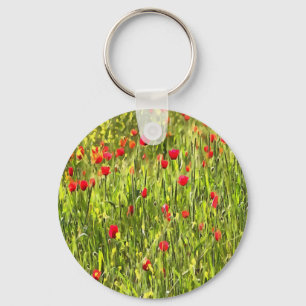 Artistic Meadow Poppy Landscape Key Ring