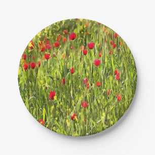 Artistic Meadow Poppy Landscape Paper Plate