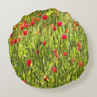 Artistic Meadow Poppy Landscape Round Cushion