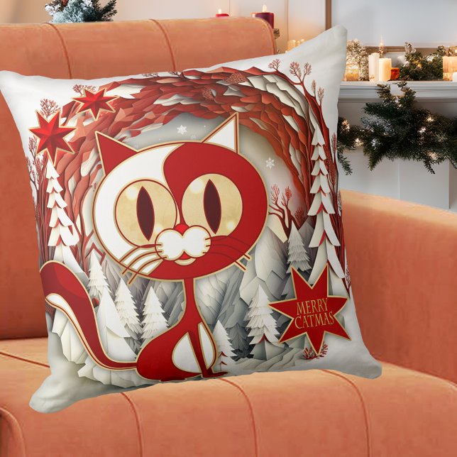 Artistic Merry Catmas Kitty Christmas Pillow (A whimsical Christmas pillow featuring a cute kitty on a Christmas wreath with festive red stars)